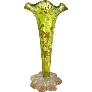Vintage Signed Moser Art Glass Vase Ruffle Top Green Gold Gilt Good Condition